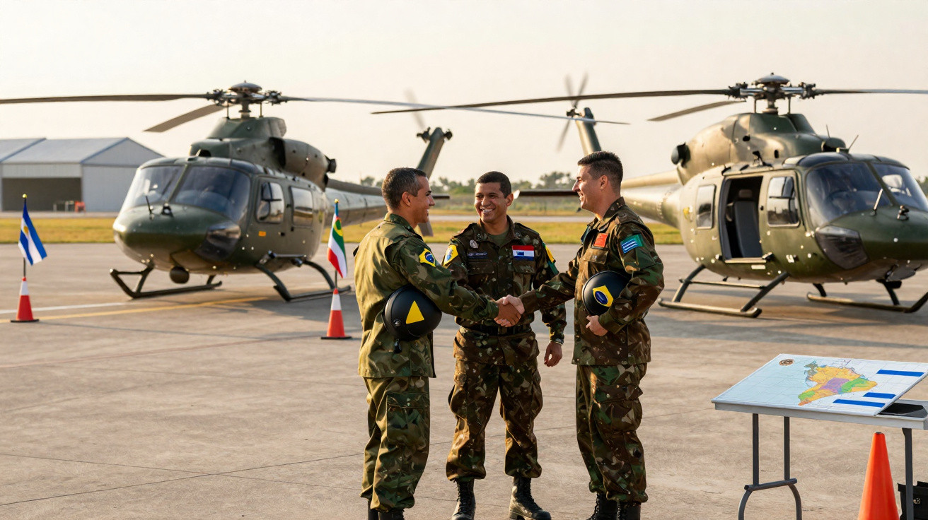 Três militares de diferentes países com uniformes camuflados apertam as mãos próximos a dois helicópteros no pátio.