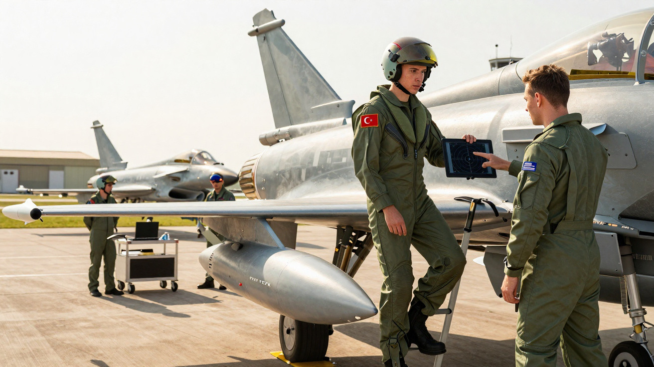 Dois pilotos militares em uniforme discutem perto de um jato de combate estacionado na pista de um aeroporto.