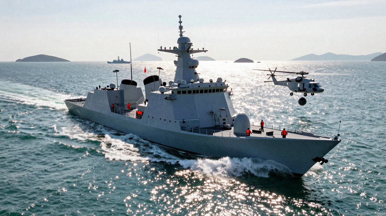 Navio de guerra cinza em mar aberto com helicóptero pairando ao lado e pessoas no convés.