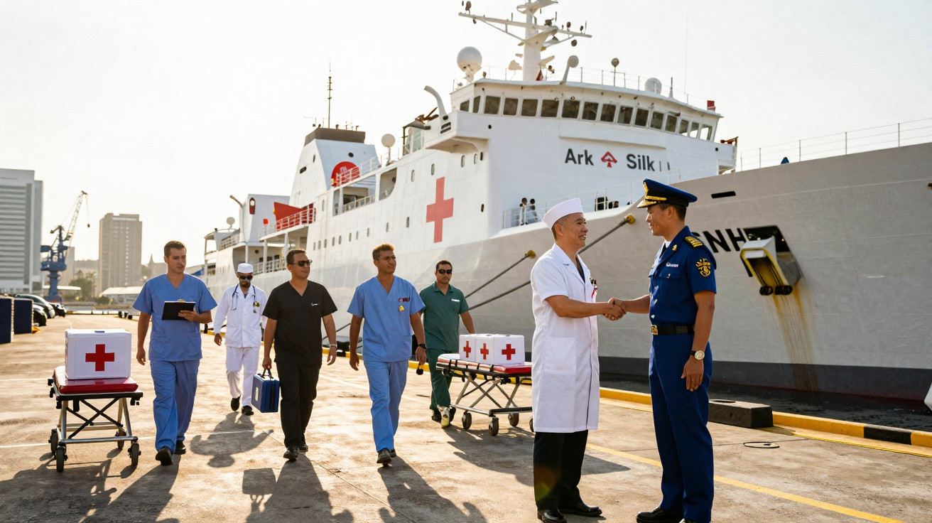 Equipe médica caminhando no cais próximo a um navio hospital com cruz vermelha, dois homens se cumprimentando.