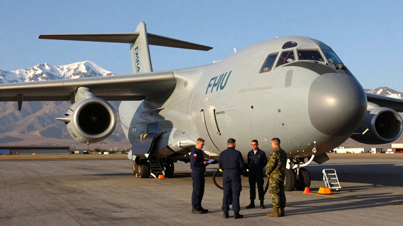 Avião militar estacionado no aeroporto com quatro militares conversando em primeiro plano.