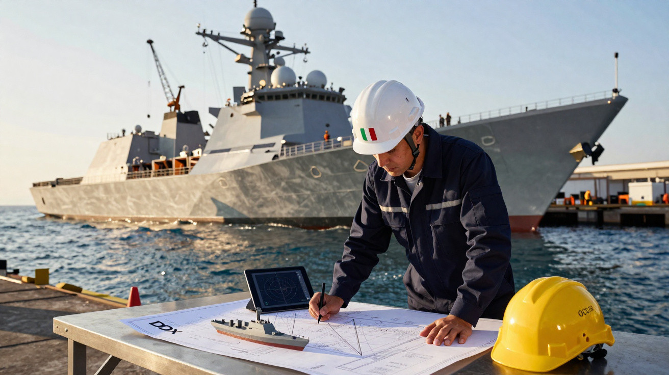 Homem com capacete branco trabalha em planta naval na doca com navio de guerra ao fundo.