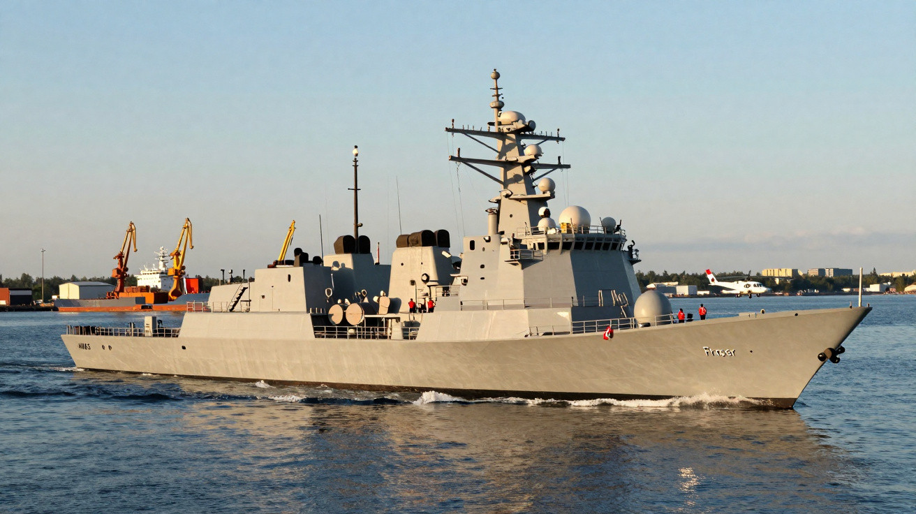 Navio de guerra cinza navegando em águas calmas com guindastes e edifícios ao fundo.