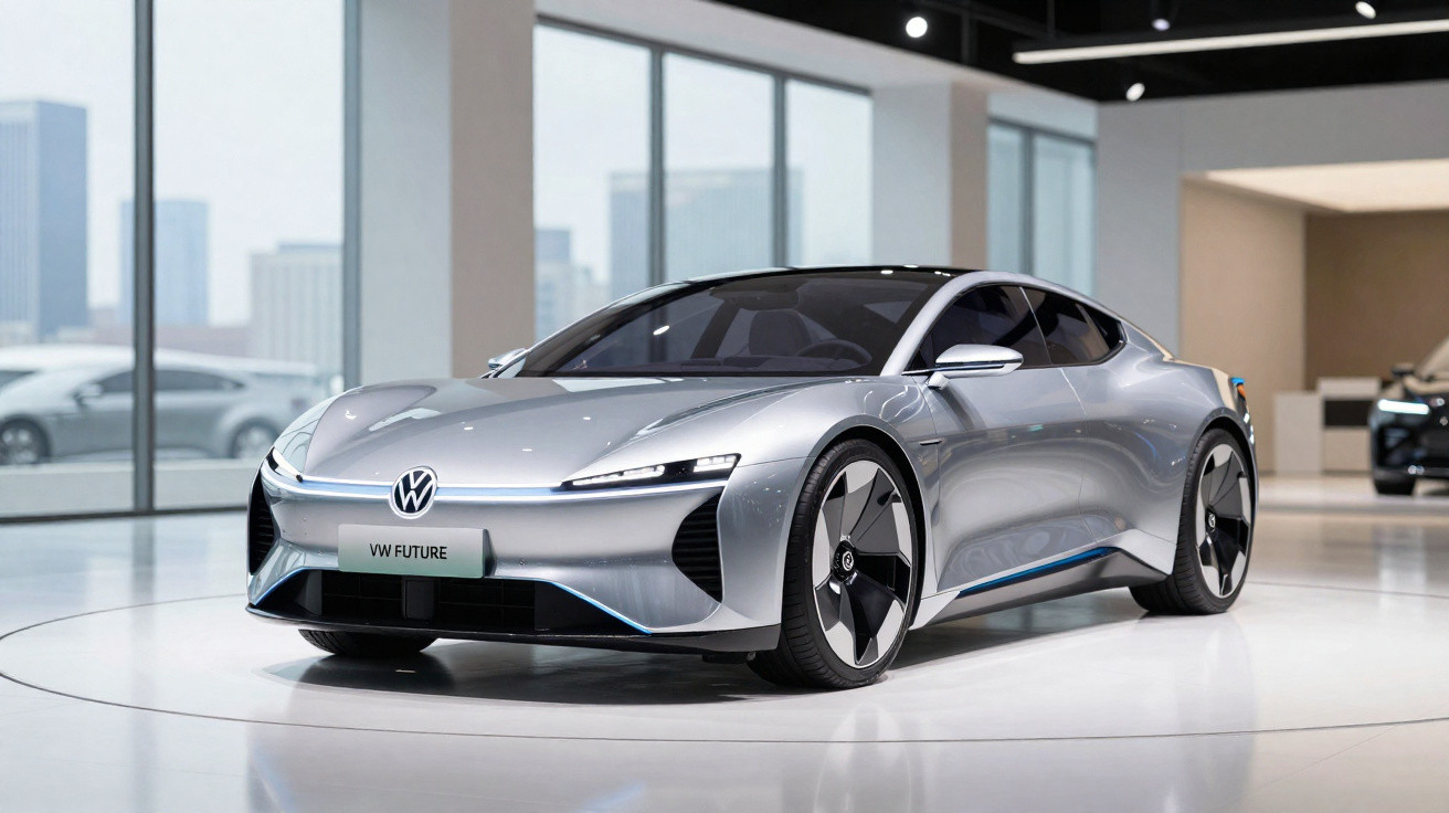 Carro elétrico esportivo prateado VW Future exibido em showroom moderno com grandes janelas.