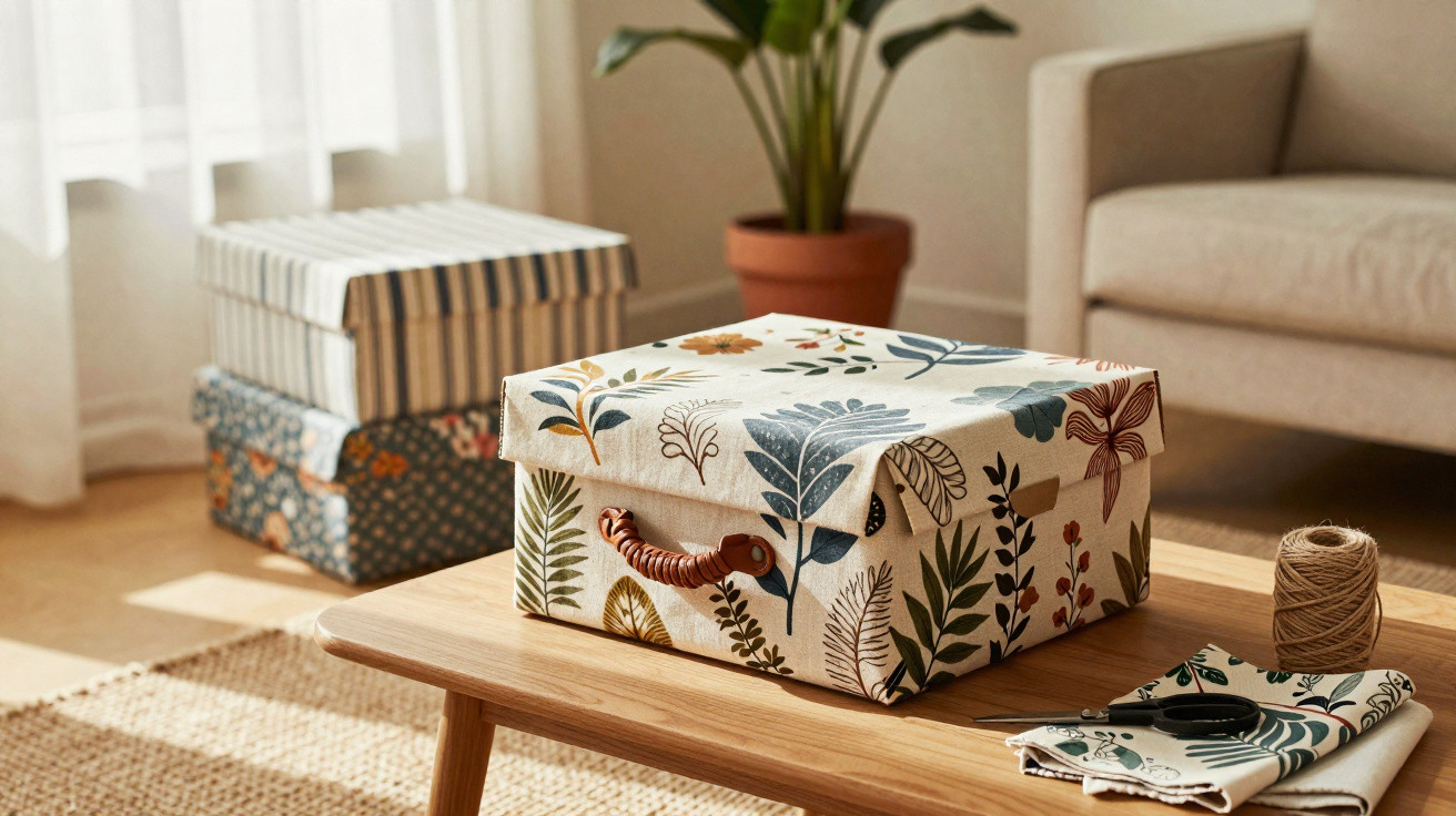 Caixa decorativa com estampa de folhas sobre mesa de madeira em sala iluminada, ao lado de sofá bege.