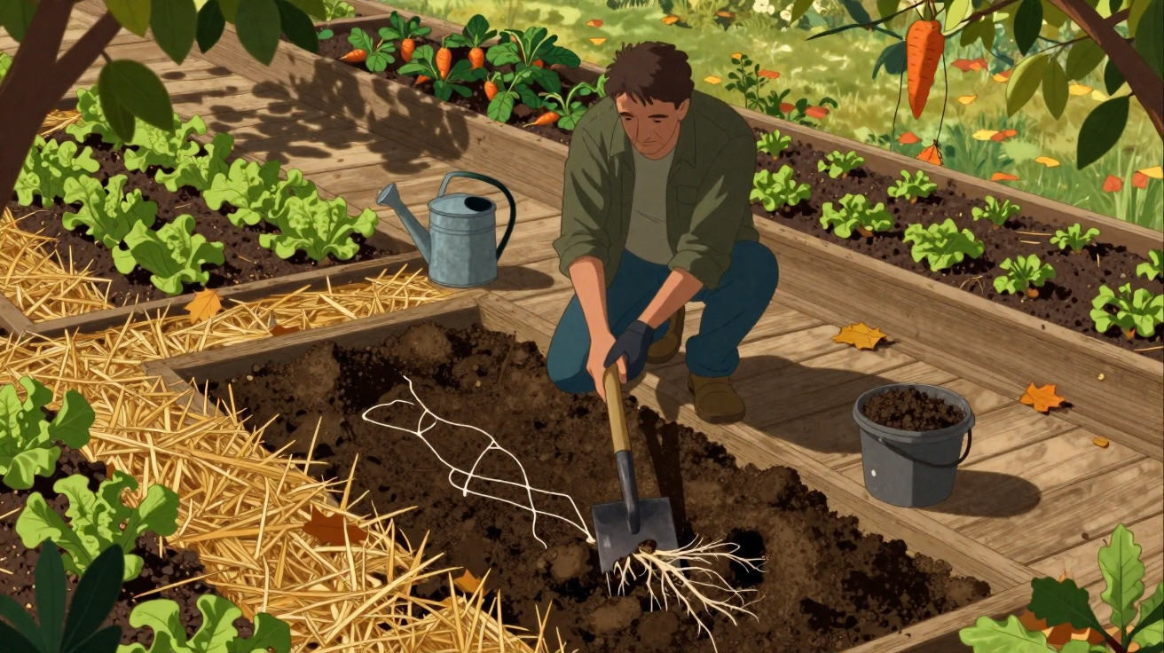 Homem cavando solo em horta com regador, balde e vegetais ao redor em dia ensolarado.