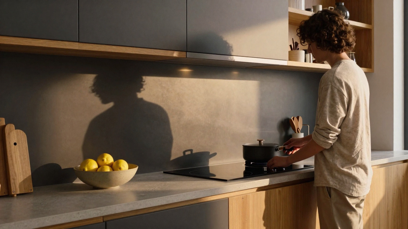 Pessoa cozinhando em cozinha moderna iluminada por luz natural, ao lado de tigela com limões.