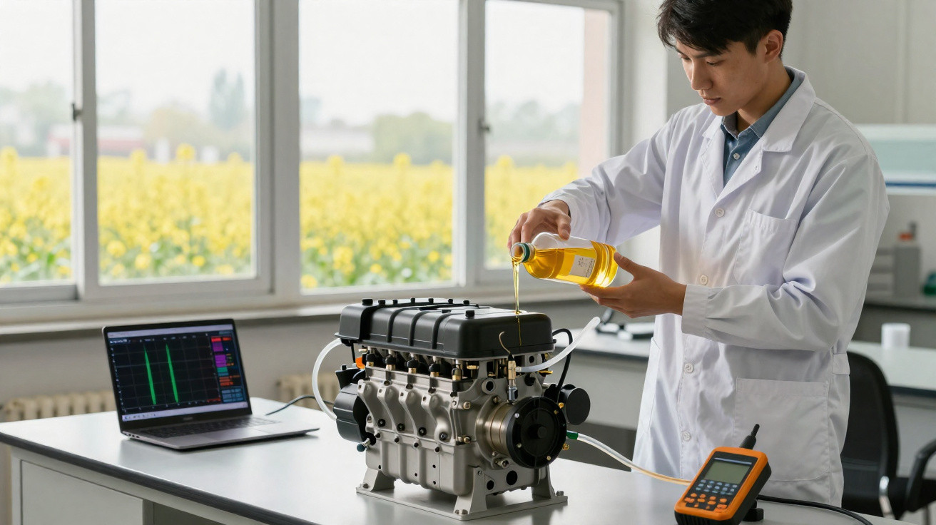 Homem em jaleco branco derrama óleo em motor para teste em laboratório com laptop e equipamentos eletrônicos.