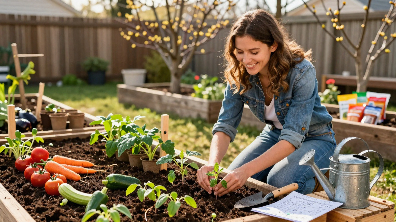 Mulher sorridente plantando mudas em horta caseira com regador, pá e vegetais ao redor.