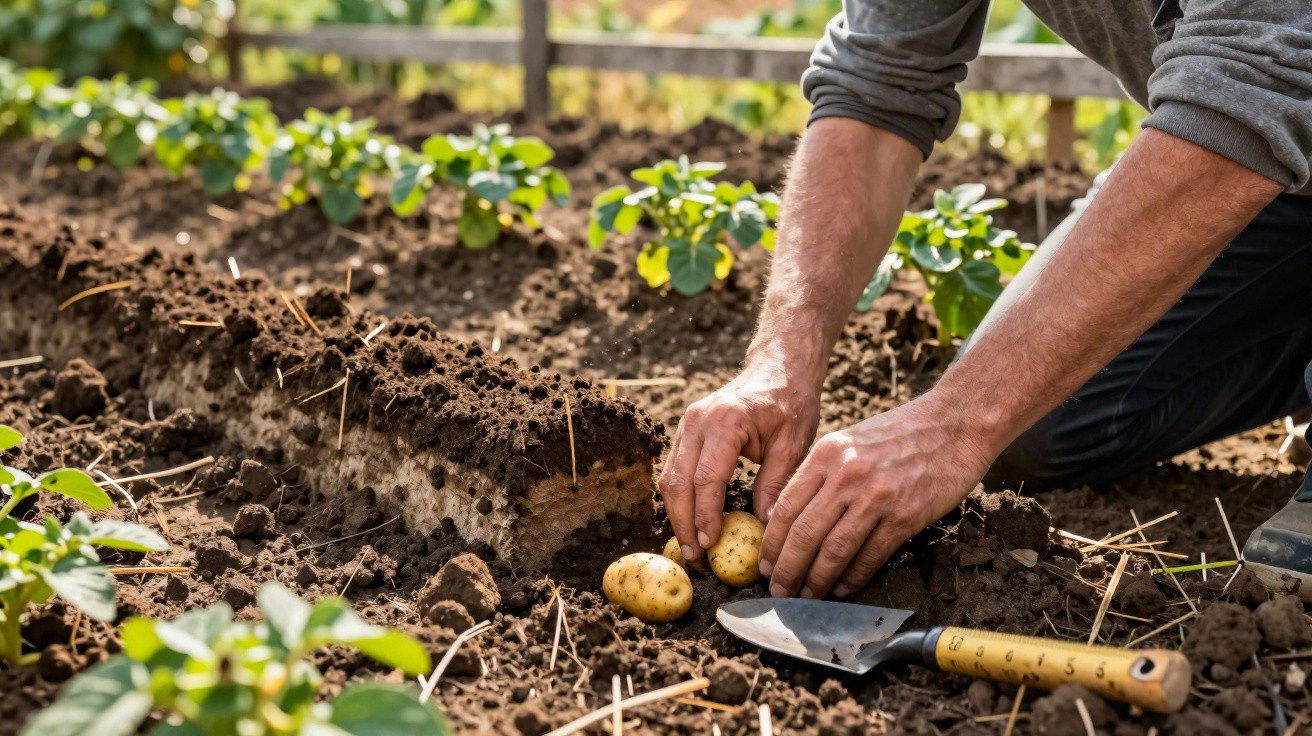 Mãos colhendo batatas pequenas no solo fértil de uma horta com plantações ao redor.