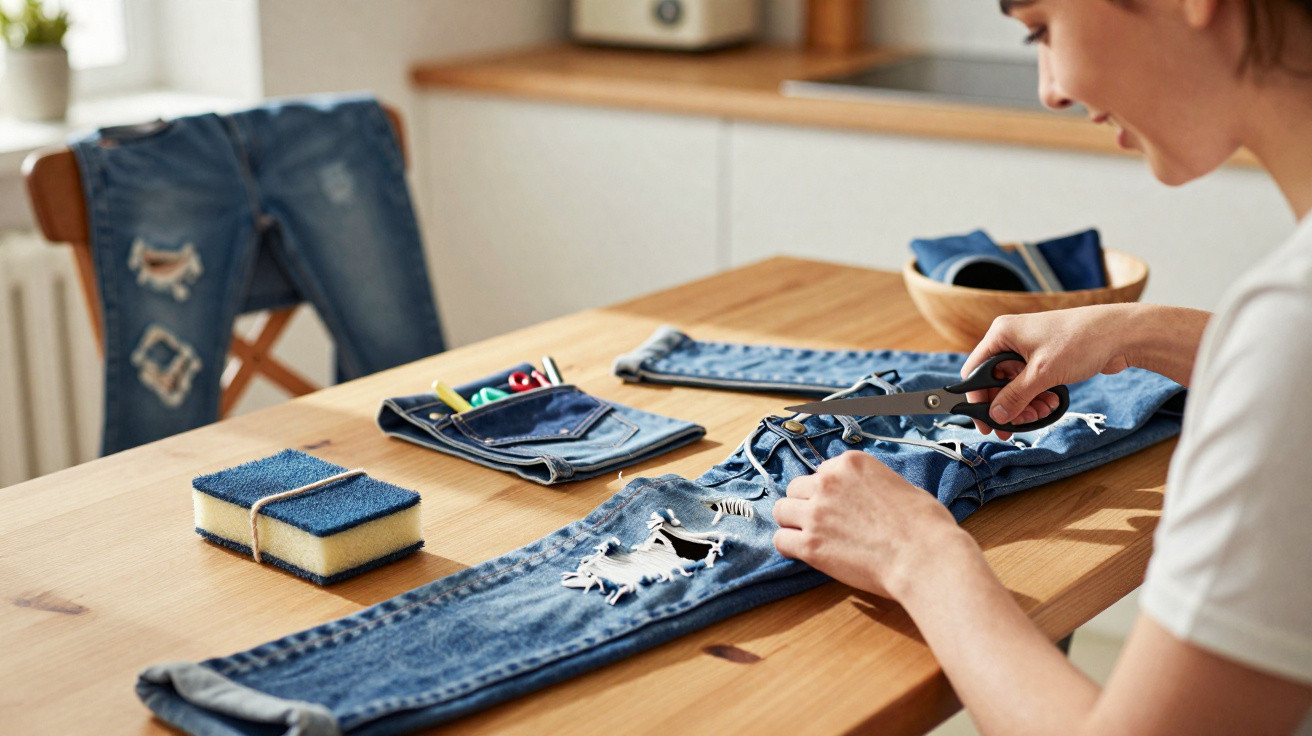 Pessoa cortando rasgos em calça jeans sobre mesa de madeira em ambiente iluminado.