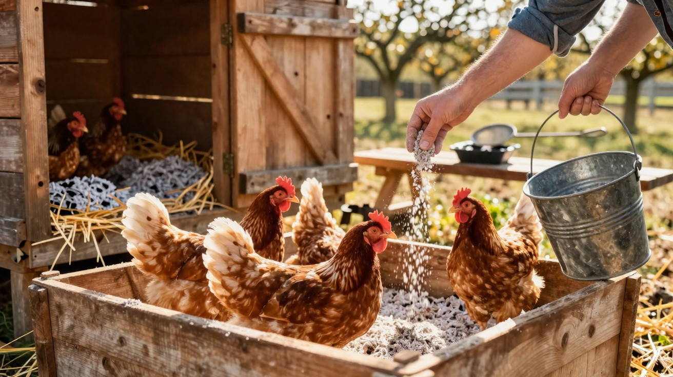 Pessoa alimentando galinhas em um galinheiro de madeira ao ar livre em dia ensolarado.