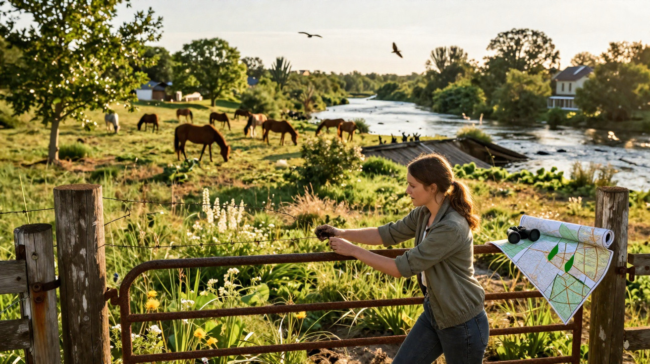 Mulher ajusta portão rural com cavalos pastando e rio ao fundo ao pôr do sol.