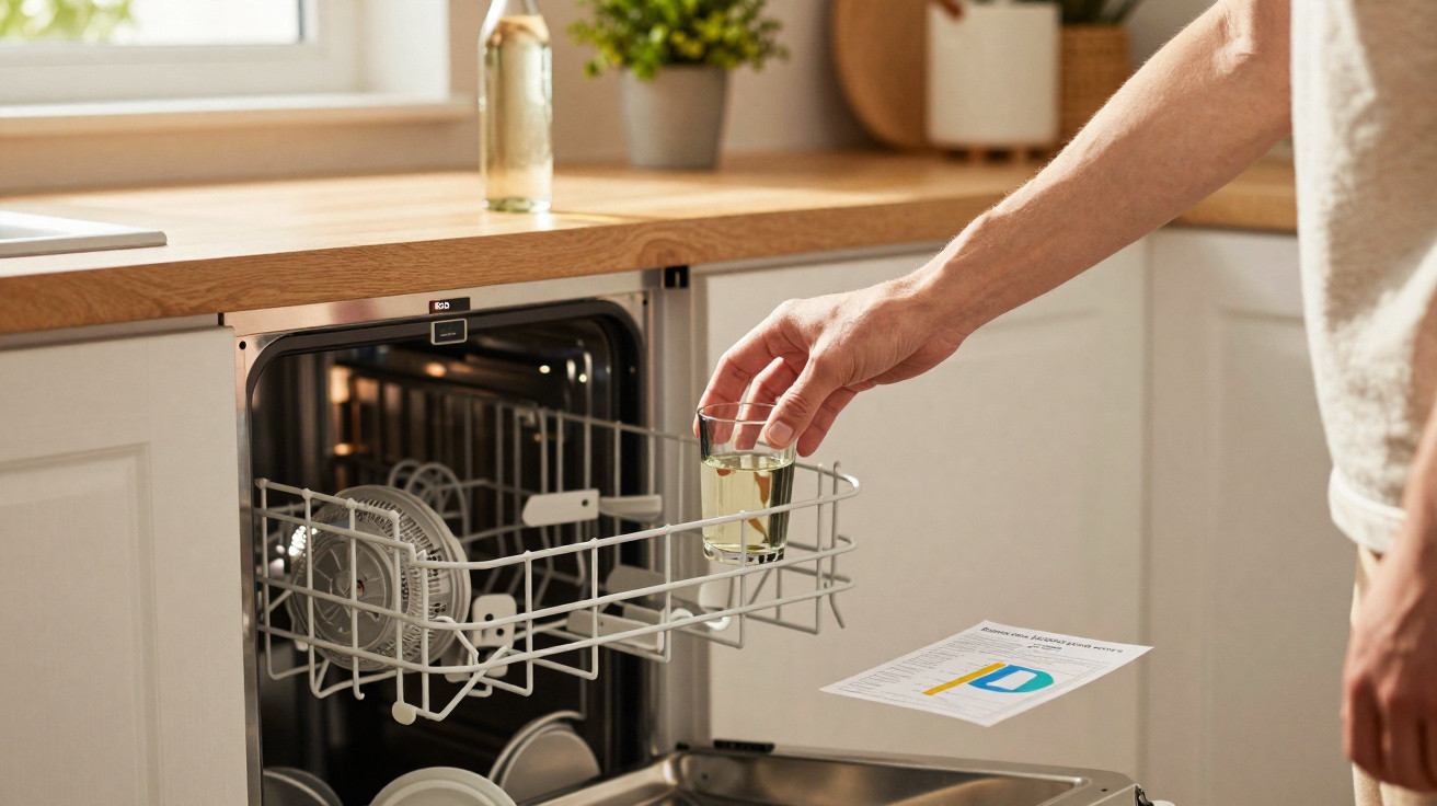 Pessoa colocando copo com líquido dentro de máquina de lavar louça em cozinha iluminada.