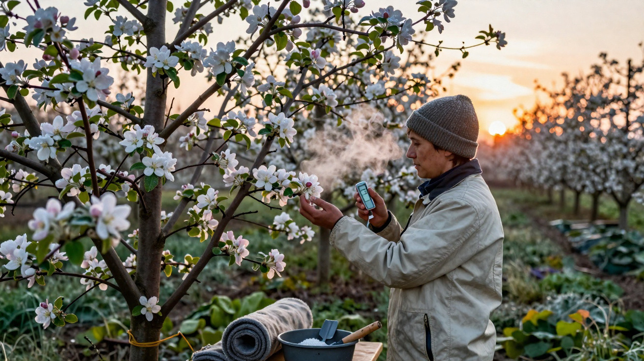 Homem com gorro analisa flores de macieira em pomar ao nascer do sol, vapor visível no ar frio.