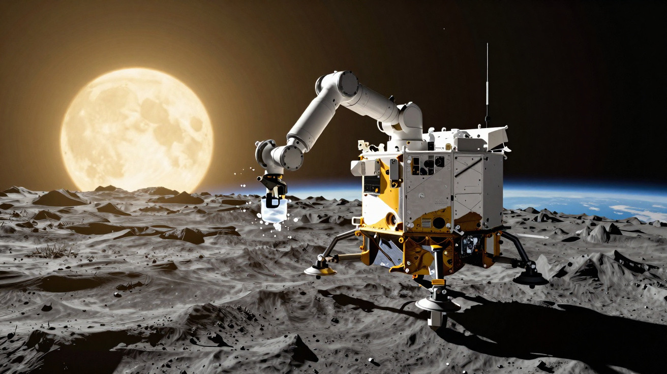 Sonda lunar com braço robótico coletando amostra na superfície da lua, com a Terra e a Lua ao fundo.