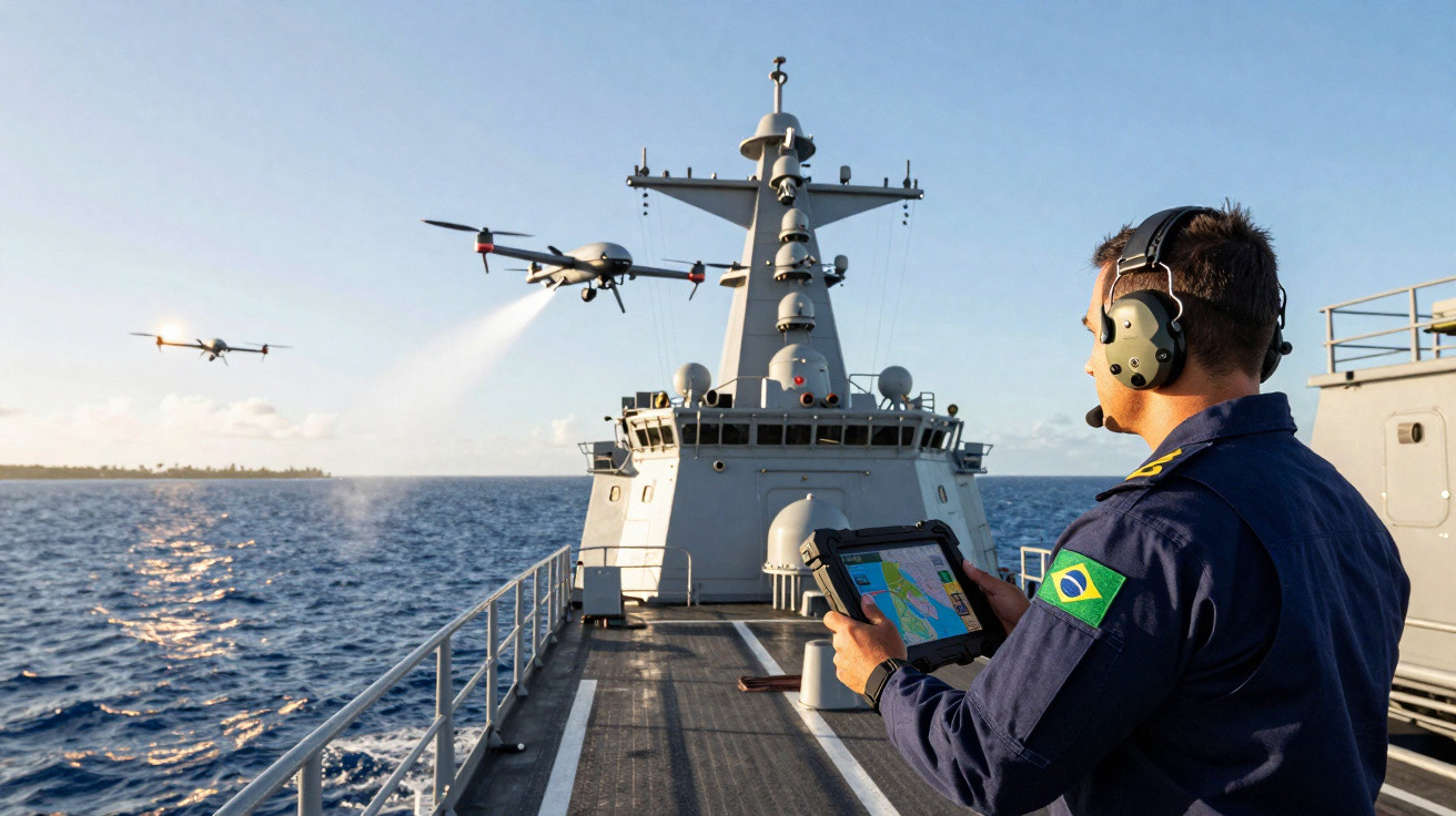 Militar brasileiro operando drone em navio naval no mar durante operação.