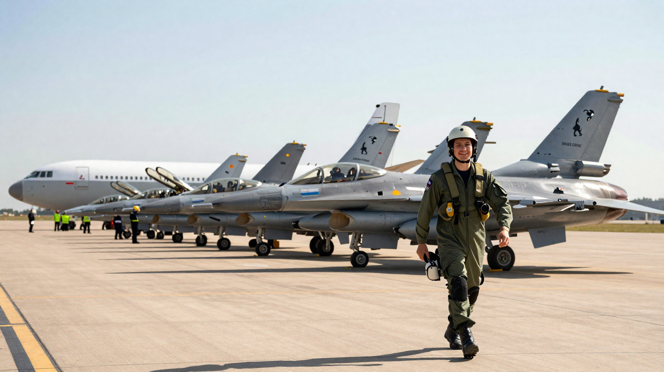 Piloto militar caminhando próximo a jatos de combate estacionados em pista de aeroporto durante o dia.