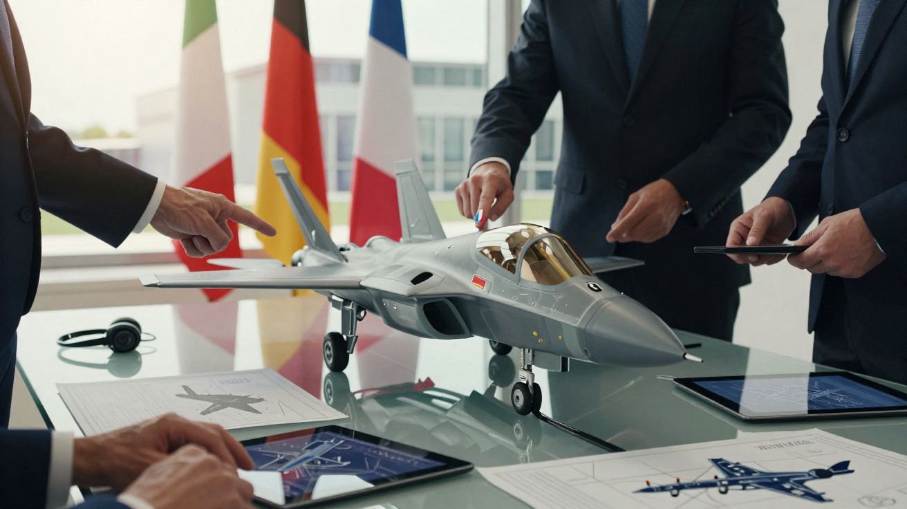 Executivos em reunião analisam maquete de caça militar com tablets e plantas técnicas sobre a mesa.