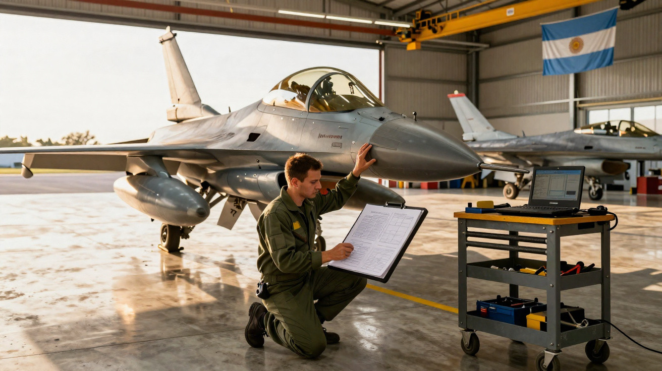 Militar inspeciona jato de combate em hangar com equipamento de manutenção ao lado.