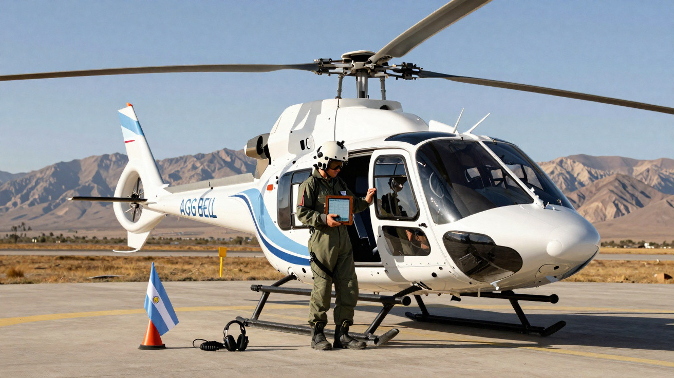 Piloto com equipamento de voo em helicóptero branco estacionado em heliponto com montanhas ao fundo.