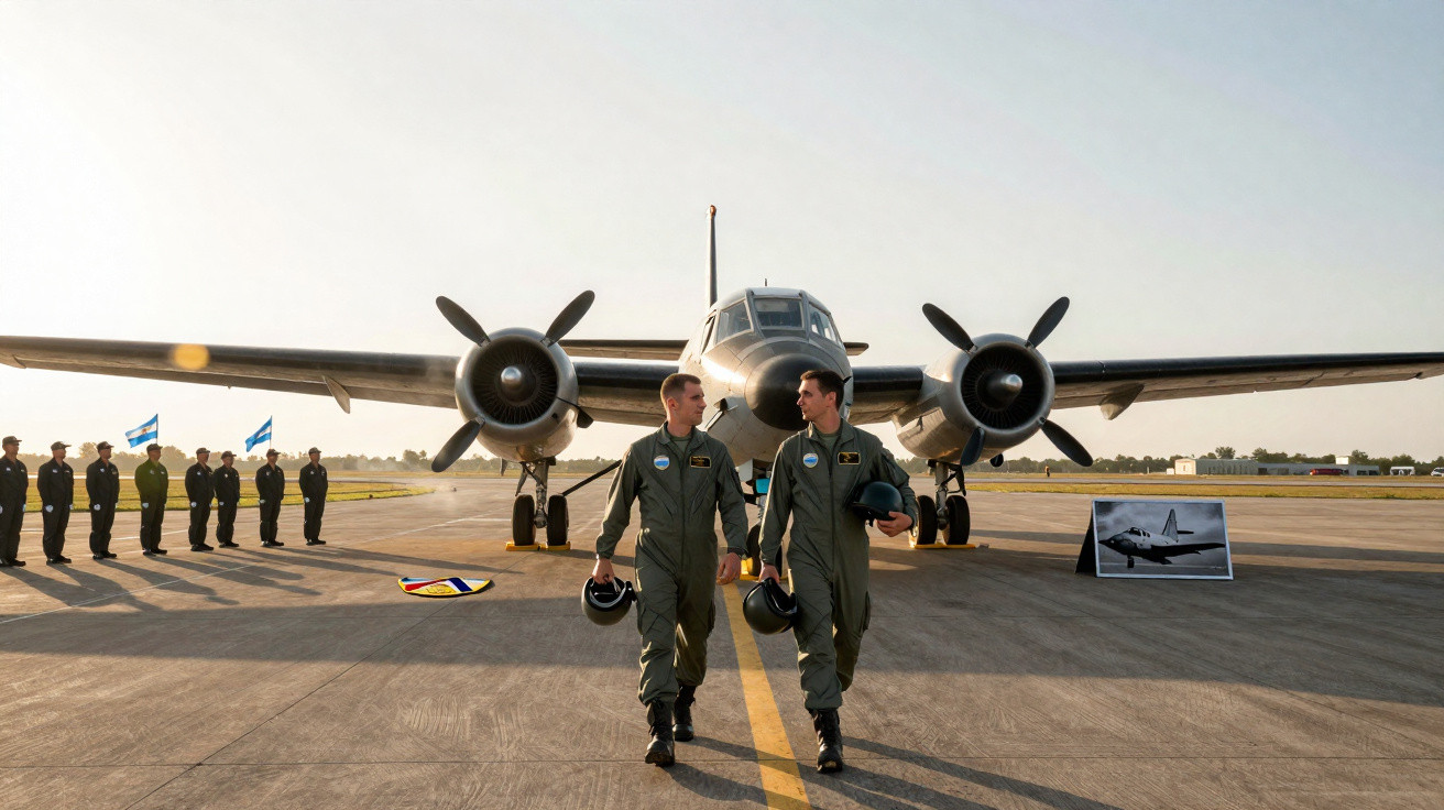 Dois pilotos militares caminham em frente a um avião de avião bimotores estacionado na pista ao amanhecer.