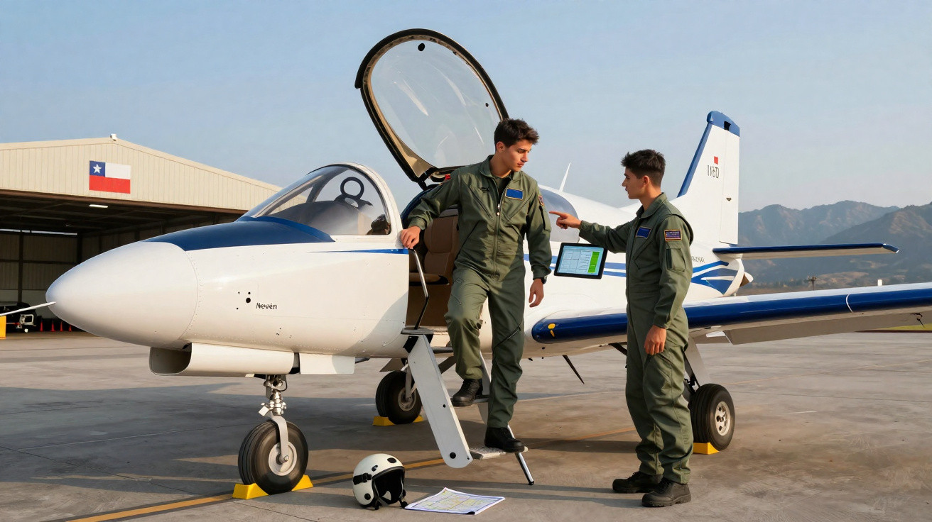 Dois pilotos em uniforme verde conversam ao lado de um avião pequeno em um aeródromo com montanhas ao fundo.