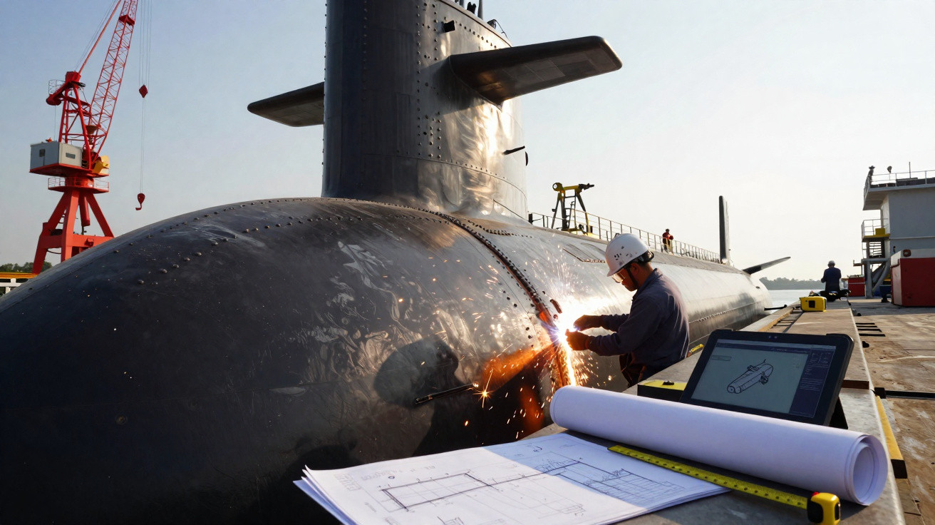 Trabalhador soldando casco de submarino na doca seca com planta e computador em primeiro plano.