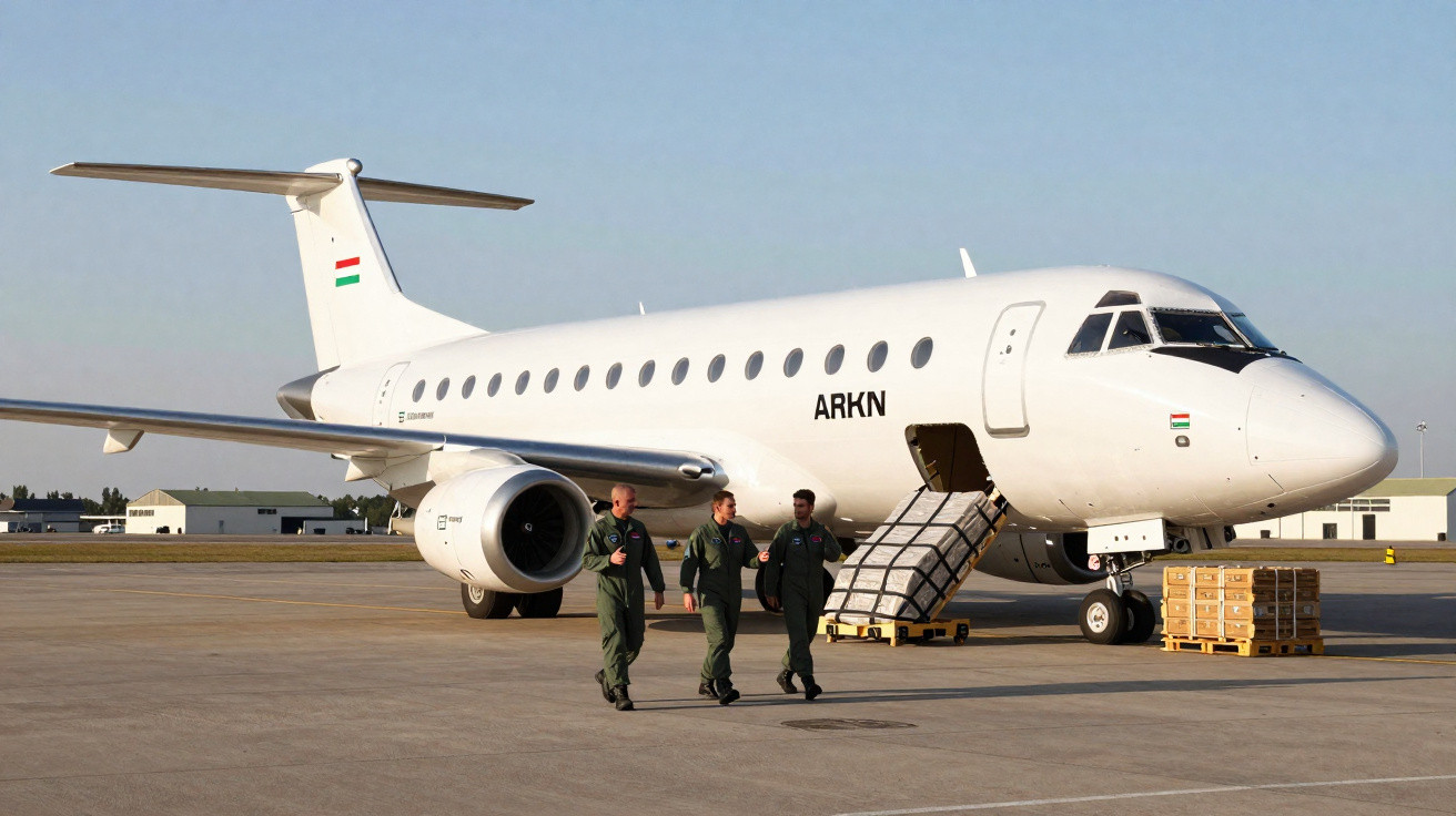 Avião de carga branco no aeroporto com três pessoas de uniforme militar caminhando em primeiro plano.