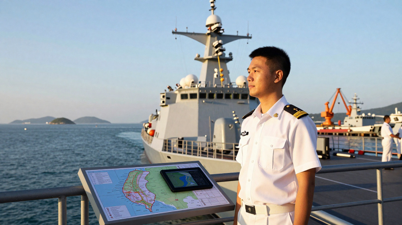 Marinheiro em uniforme branco observando o mar próximo a um navio militar em um píer.