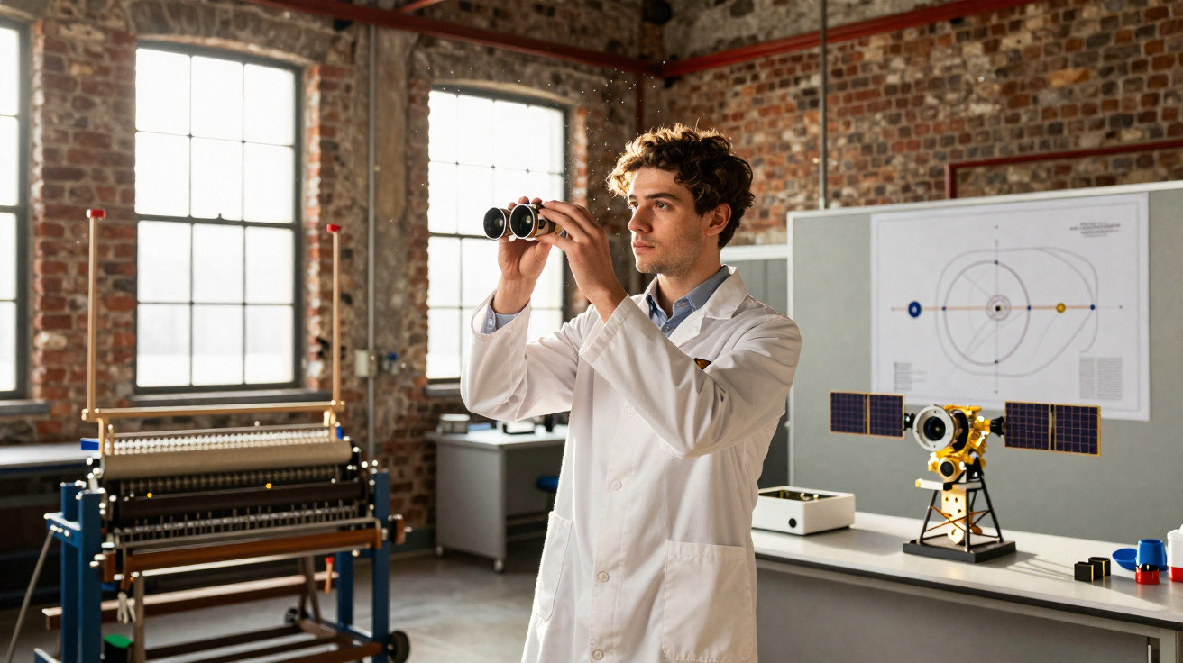 Jovem cientista de jaleco usa binóculos em laboratório com modelo de satélite e gráfico de órbita.