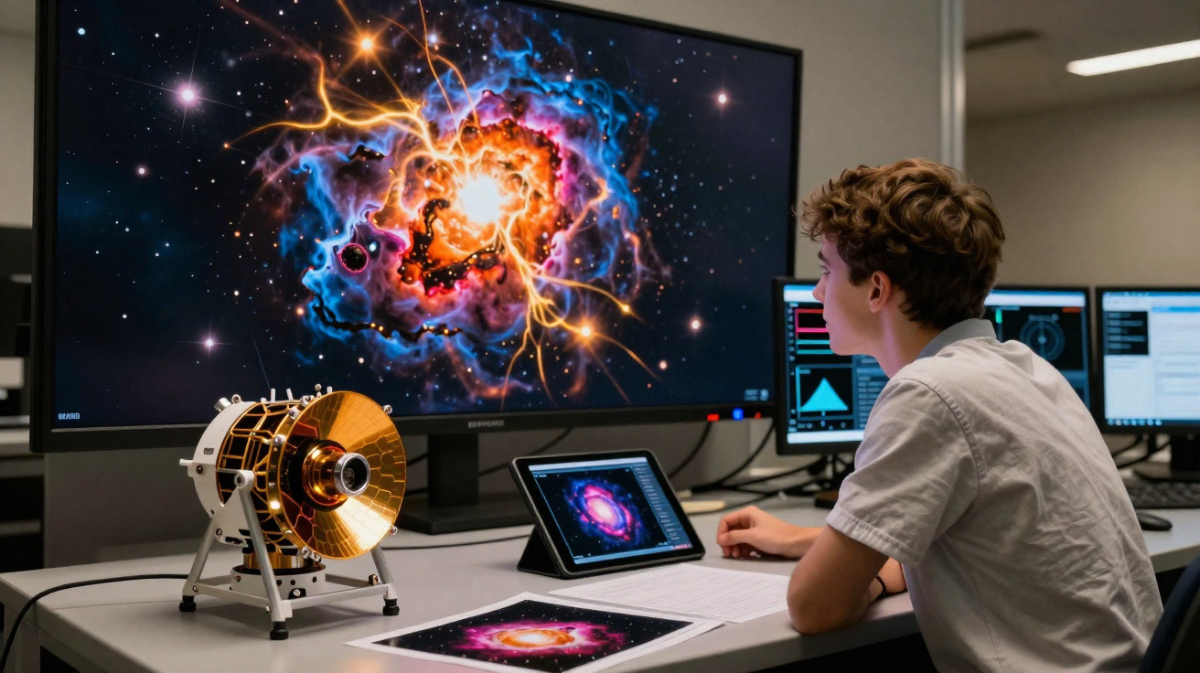 Jovem observa imagens e gráficos de galáxia em vários dispositivos em ambiente tecnológico.