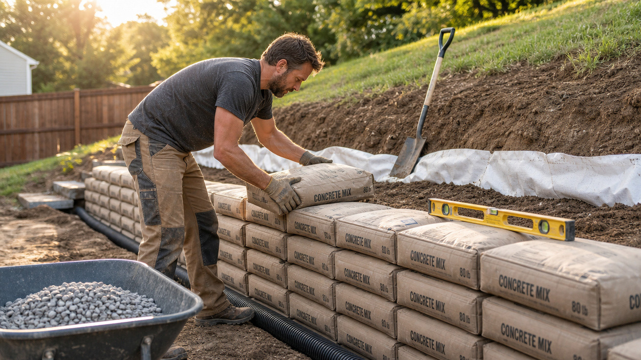 Homem organizando sacos de mistura para concreto em paredão de jardim em obra ao ar livre.