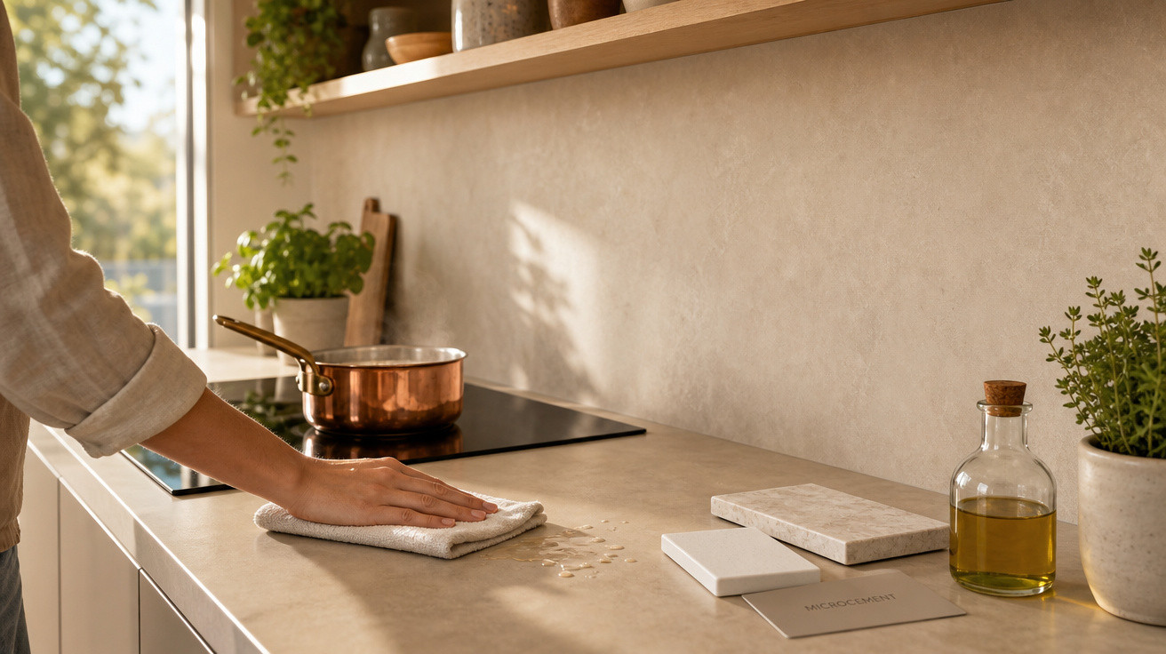 Pessoa limpando bancada da cozinha clara com pano branco e panela de cobre no fogão.