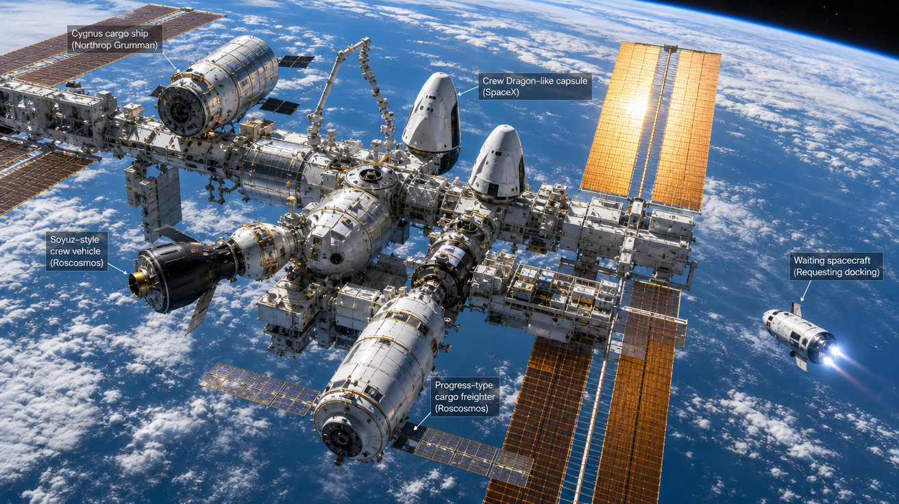 Estação Espacial Internacional com múltiplas cápsulas e naves acopladas orbitando a Terra.