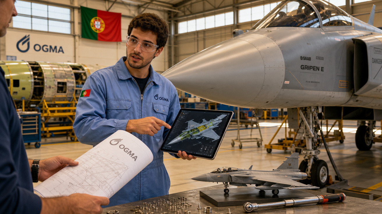 Dois técnicos com macacões azuis analisam projeto de caça Gripen E em hangar industrial com modelo em miniatura.