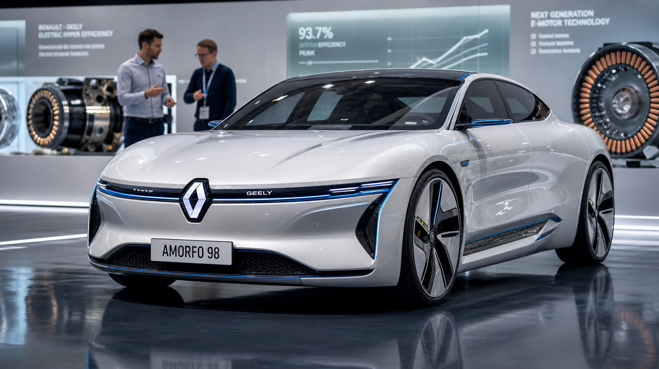 Carro elétrico branco Renault-Geely Amorfó 98 em exposição, com duas pessoas ao fundo e tecnologia em destaque.