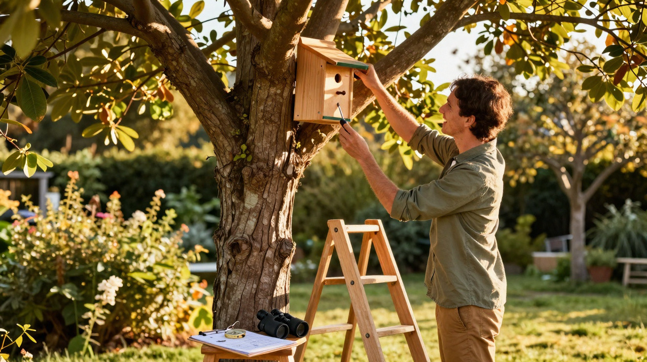 Homem instalando casa de passarinho em árvore durante tarde ensolarada no jardim.