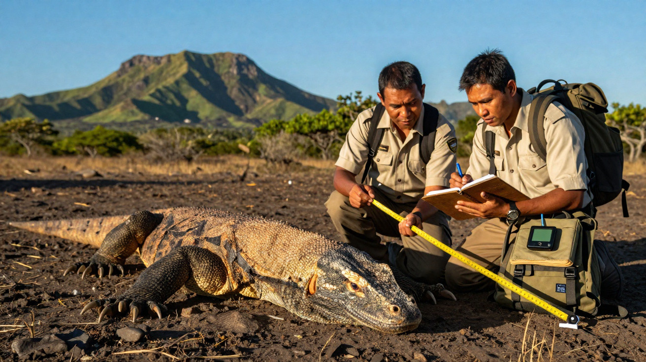 Dois pesquisadores medem um dragão de Komodo com uma fita métrica em área seca com montanha ao fundo.