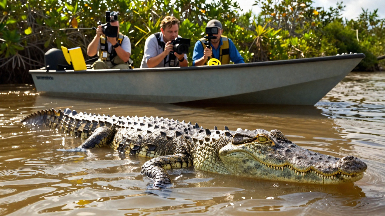 Jacaré nadando próximo a barco com três pessoas fotografando em ambiente de mata alagada.