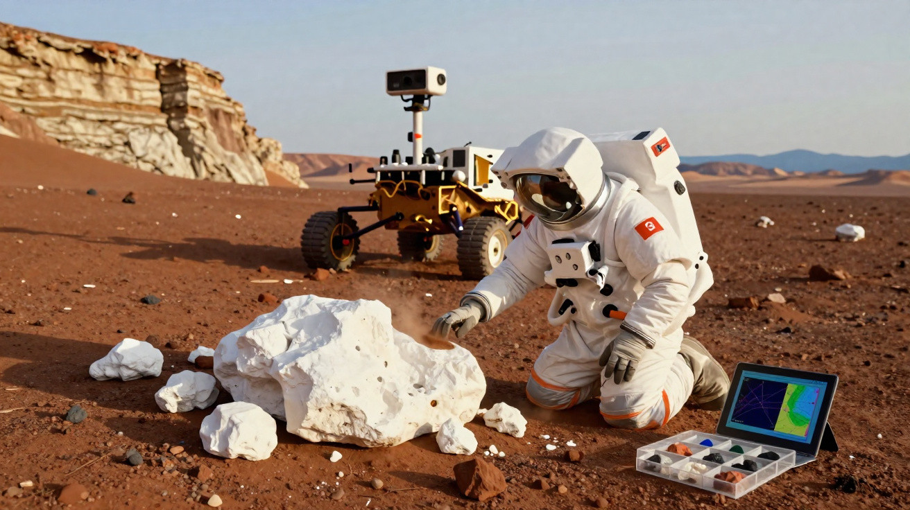 Astronauta analisa rochedo em solo vermelho com rover e equipamentos científicos ao fundo.