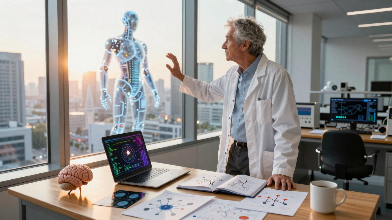 Cientista de jaleco interage com robô holográfico em laboratório moderno com notebook e cérebro artificial.
