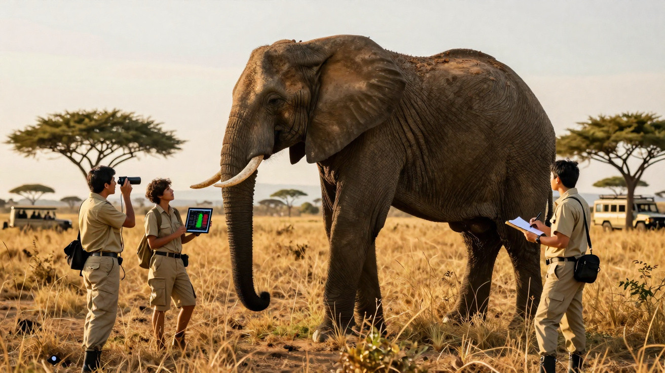 Três pesquisadores analisam um elefante na savana africana durante um estudo de campo no pôr do sol.