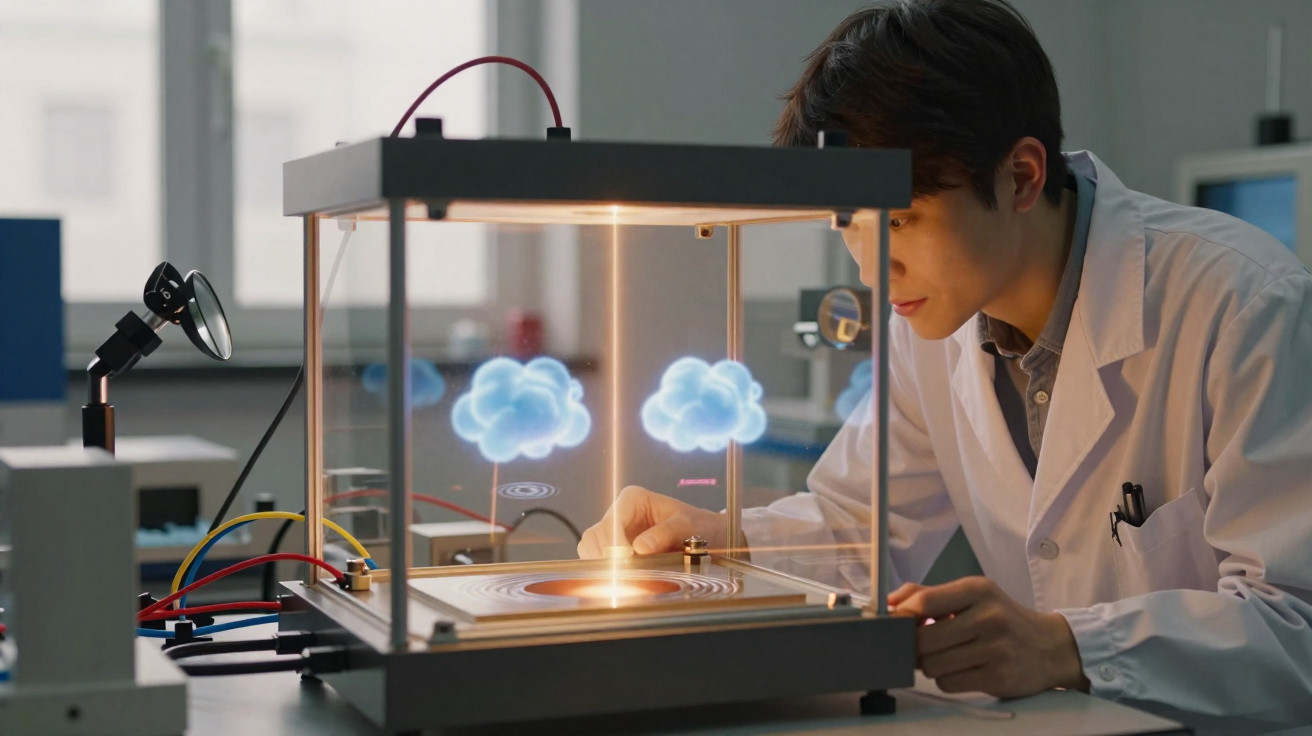 Cientista observa laboratório com projeção holográfica de nuvens azuis em ambiente tecnológico.