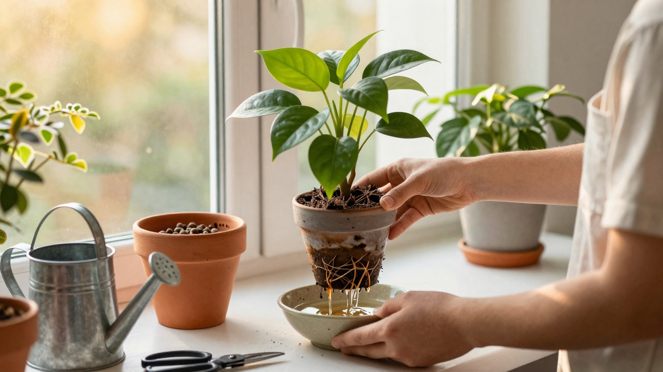 Mãos segurando vaso com planta, raízes imersas em água, perto de janela com regador e vasos no peitoril.