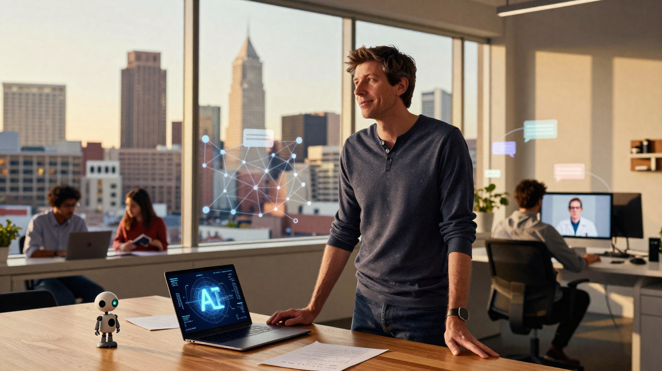 Homem em escritório moderno com laptop exibindo IA e robô pequeno sobre mesa diante de vista urbana ao pôr do sol.