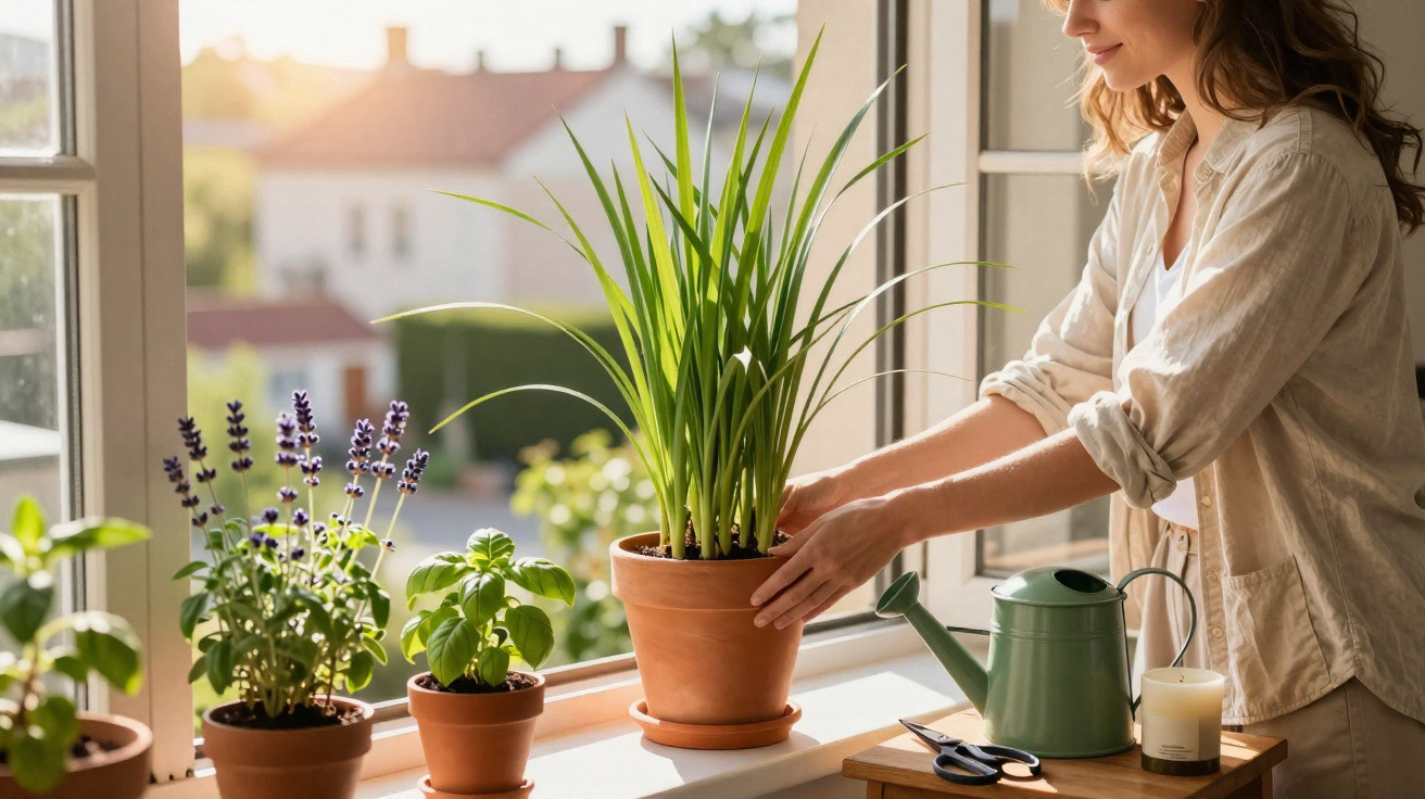 Mulher arrumando planta em vaso na janela iluminada por luz natural com regador e vela decorativa ao lado.