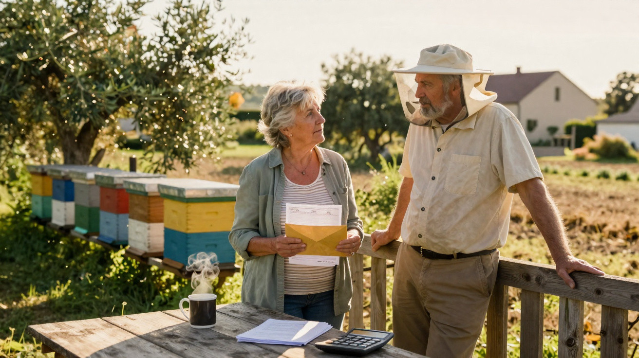 Casal idoso conversa junto a colmeias coloridas em área rural ensolarada, com mesa e documentos à frente.