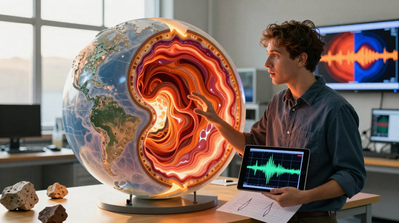 Jovem cientista analisa modelo gigante da estrutura interna da Terra com tablet em laboratório moderno.