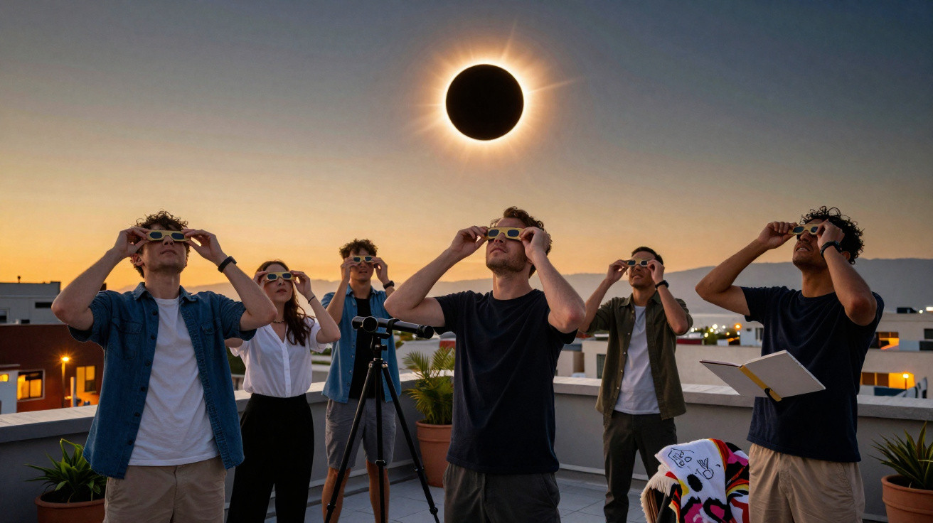 Grupo de pessoas em um terraço observando o eclipse solar com óculos especiais ao entardecer.